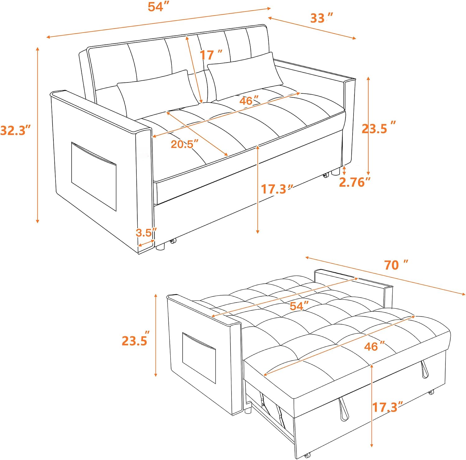54' Sleeper Sofa Bed, Velvet Pull Out Couch with Adjustable Backrest, 3-in-1 Convertible Futon Loveseat Sleeper Sofa Couch for Small Spaces, Living Room (Black)