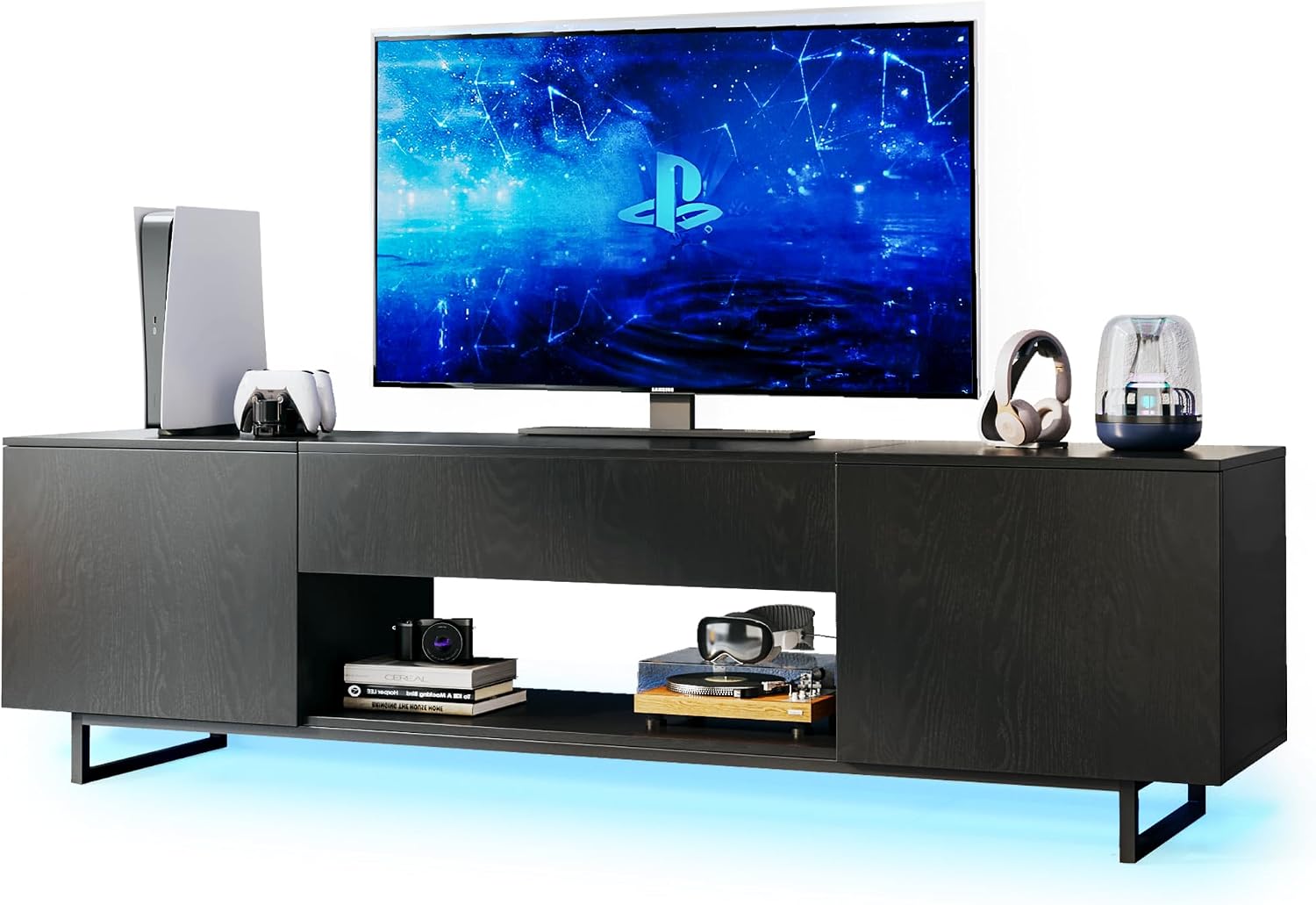 TV Stand for 75 inch TV, Entertainment Center with LED Light, Modern Wood TV Console with Texture Entertainment Stand with Highlight Storage Cabinet for TVs Up to 70-80' Black