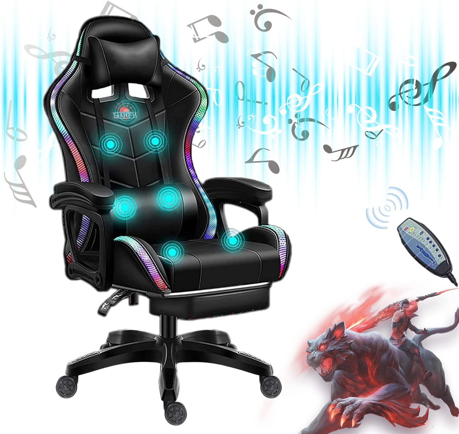 Gaming Chair for Adult with Footrest and Massage, Video Game Chair with Speakers and RGB LED Lights, PU Leather, Ergonomic Racing Computer Chairs with Lumbar Support and Armrest,Black