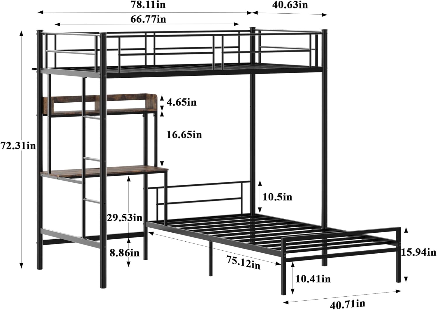 Bellemave Twin Over Twin bunk Bed with Desk, loft Bed with Desk and Shelves, Twin Over Twin Metal Bunk Beds with Charging Station, Black