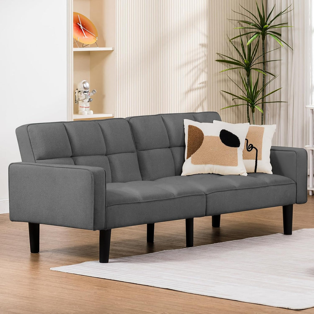 COMHOMA 76 inch Futon Sofa Bed, Mid Century Modern Futon Couch with Adjustable Backrest, Fabric Convertible Sofa Cama, Folding Sleeper Sofa for Living Room, Bedroom, Dark Gray