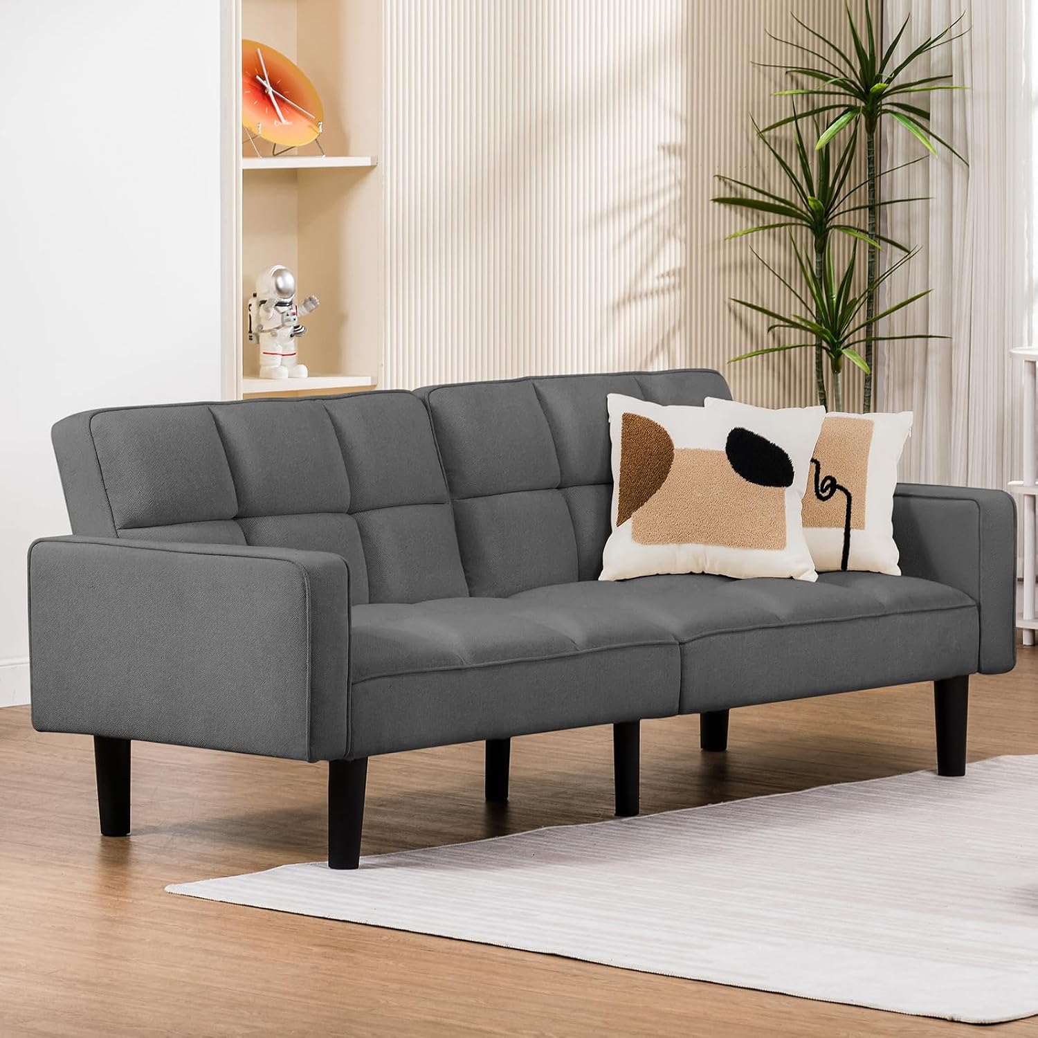 COMHOMA 76 inch Futon Sofa Bed, Mid Century Modern Futon Couch with Adjustable Backrest, Fabric Convertible Sofa Cama, Folding Sleeper Sofa for Living Room, Bedroom, Dark Gray