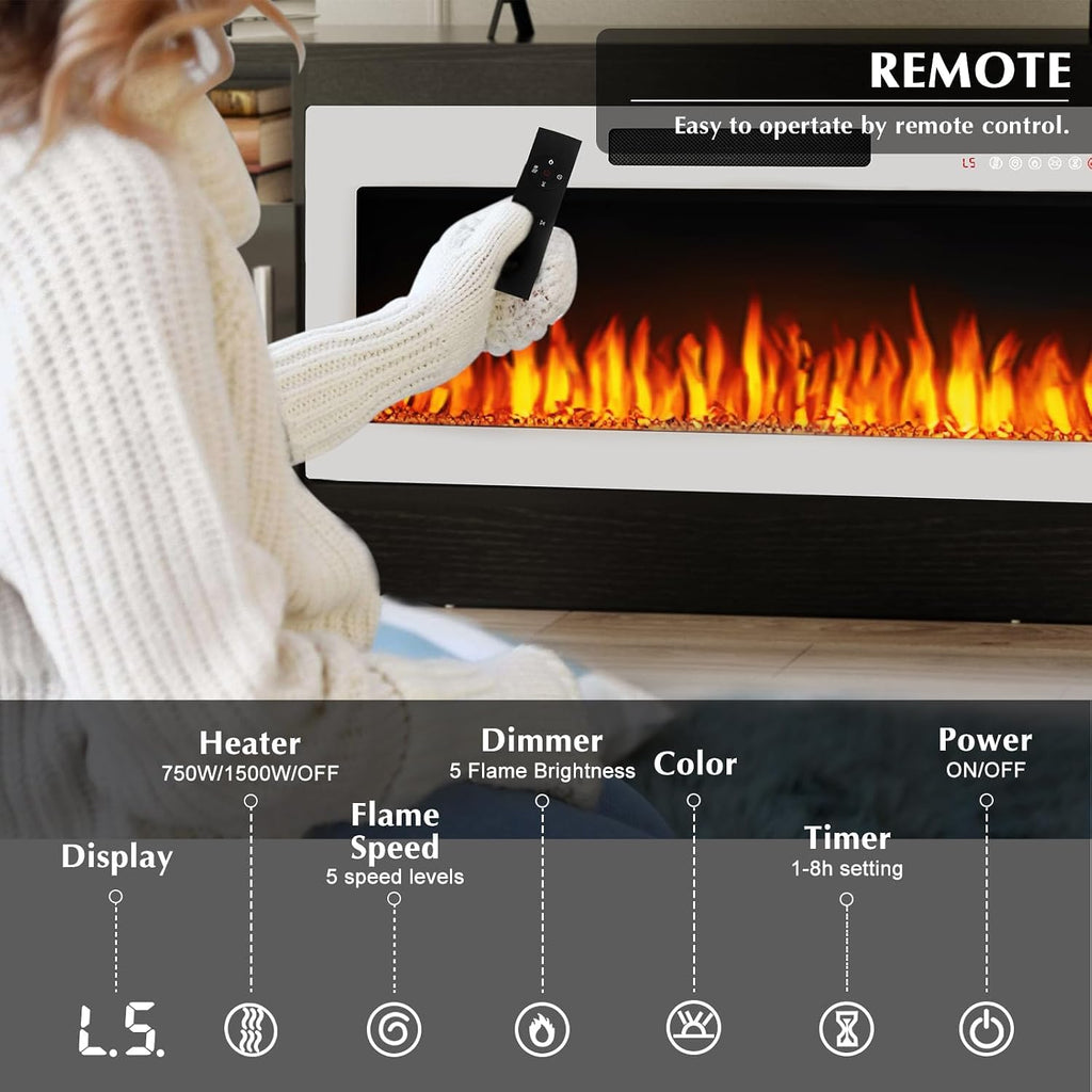 Lemberi Fireplace tv Stand with 36 inch White Fireplace Up to 80' TVs,LED Light Entertainment Center and Storage, 70' Modern Wood Media TV Console with Highlight Cabinet for Living Room