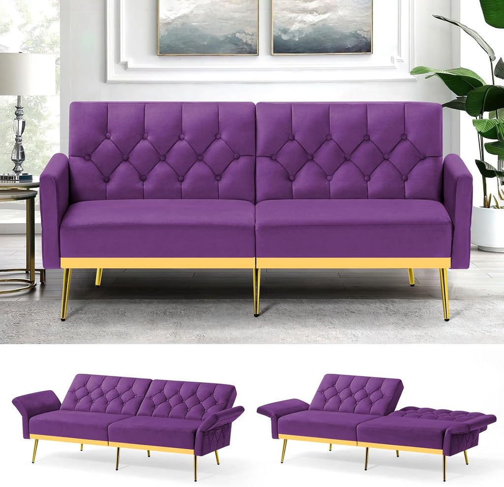 Velvet Sofa Bed w/Adjustable Armrests and Backrests, Modern Convertible Sleeper Sofa, Tufted Futon Sofa for Bedroom, Living Room, Apartment, Purple