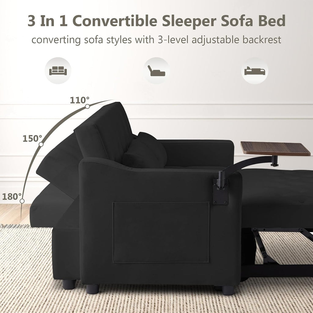 Skepphlay Convertible Couch, 3 in 1 Pull Out Sofa Bed with 3 Adjustable Backrest Loveseat with Storage and Pillows, Modern Recliner for Living Room Apartment, Black