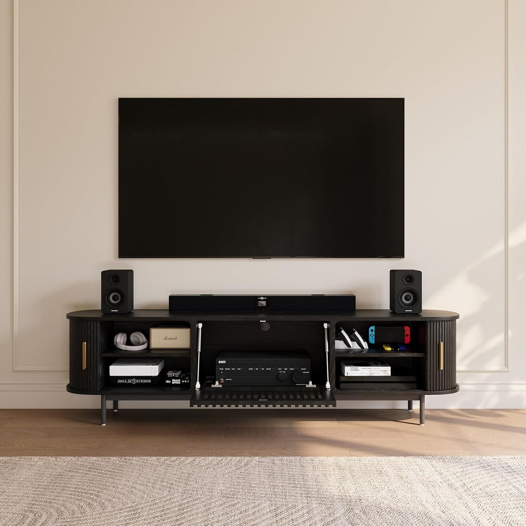 POVISON Fully-Assembled Mid Century Modern TV Stand, Sliding Tambour Door Entertainment Center with Storage, Wood TV Console, Media Console for Living Room Bedroom(Black, 78.74')