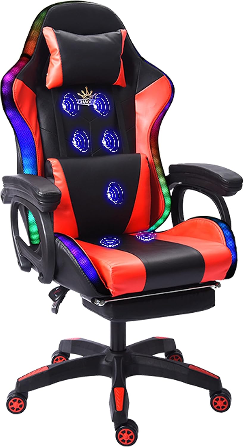 Ergonomic Professional Gaming Chair, Gaming Chair with Massage, Speaker, LED Light, and Footrest, Comfortable Computer Recline with Headrest and Lumbar Support.,Red