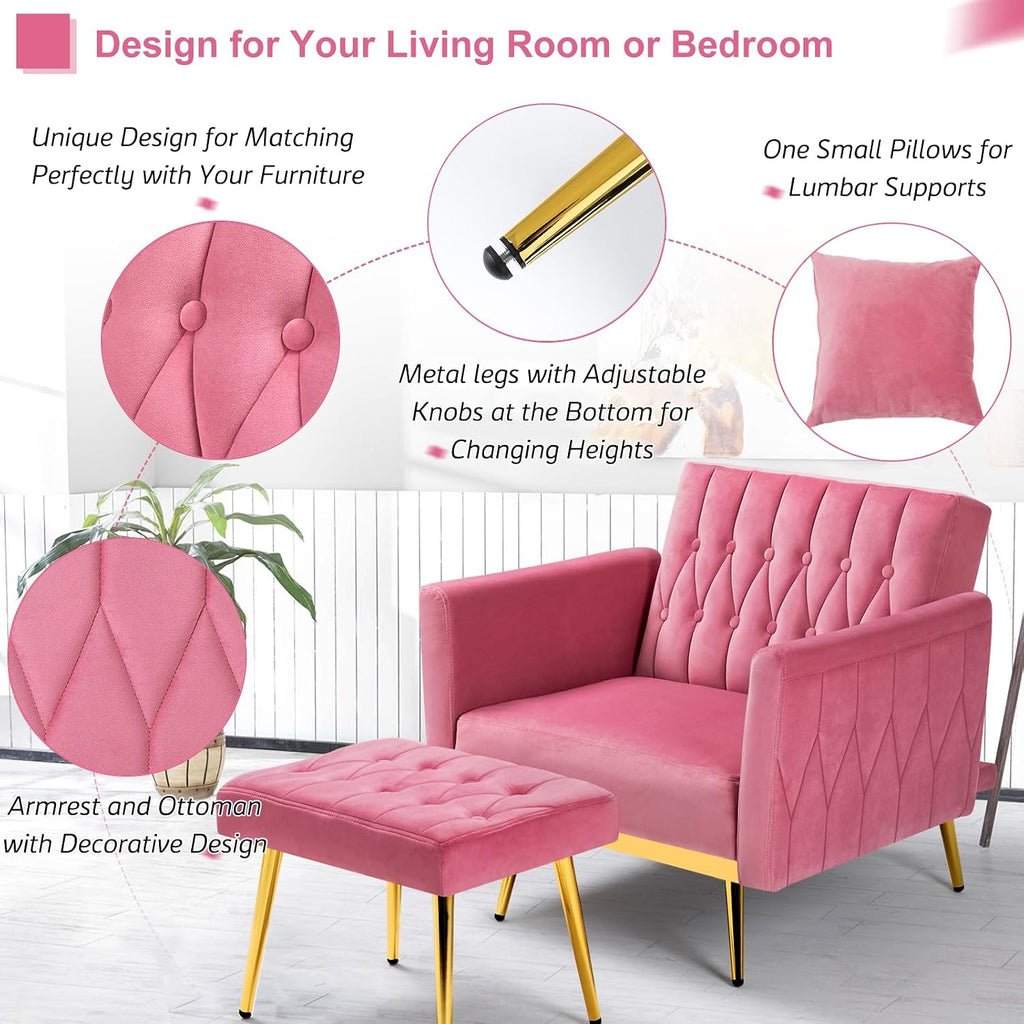 2 Pieces Velvet Sofa Set with Adjustable Armrest and Backrest, 70' Convertible Futon Sofa Bed & Mordern Accent Chair with Ottoman for Living Room, Bedroom, Pink