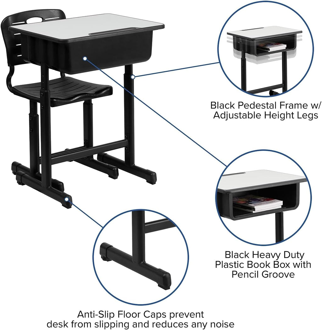 Flash Furniture Nila Set of 3 Adjustable Height Student Desks and Chairs with Black Pedestal Frames