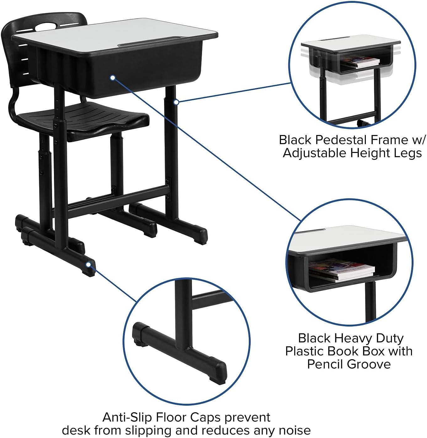 Flash Furniture Nila Set of 3 Adjustable Height Student Desks and Chairs with Black Pedestal Frames