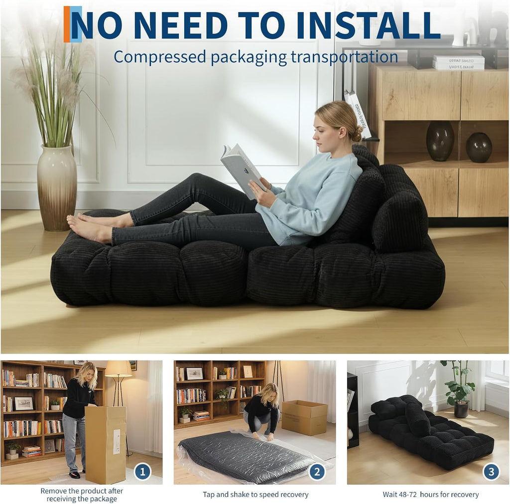 Folding Sofa Bed, 3-in-1 Convertible Sleeper Chair with Pillow, Single Futon Couch Bed with Back Support, Portable Fold Out Chair Bed Comfy Floor Sofa Lounge for Living Room Bedroom, Black