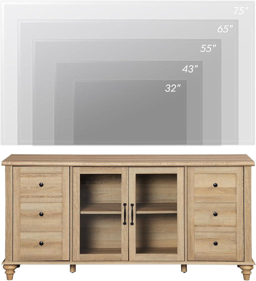 WAMPAT Farmhouse TV Stand for TVs Up to 65 inch, Wood TV Console Table with Storage Cabinets & Glass Door, Entertainment Center for 32-75 inch TV Console Cabinet, 58', Oak