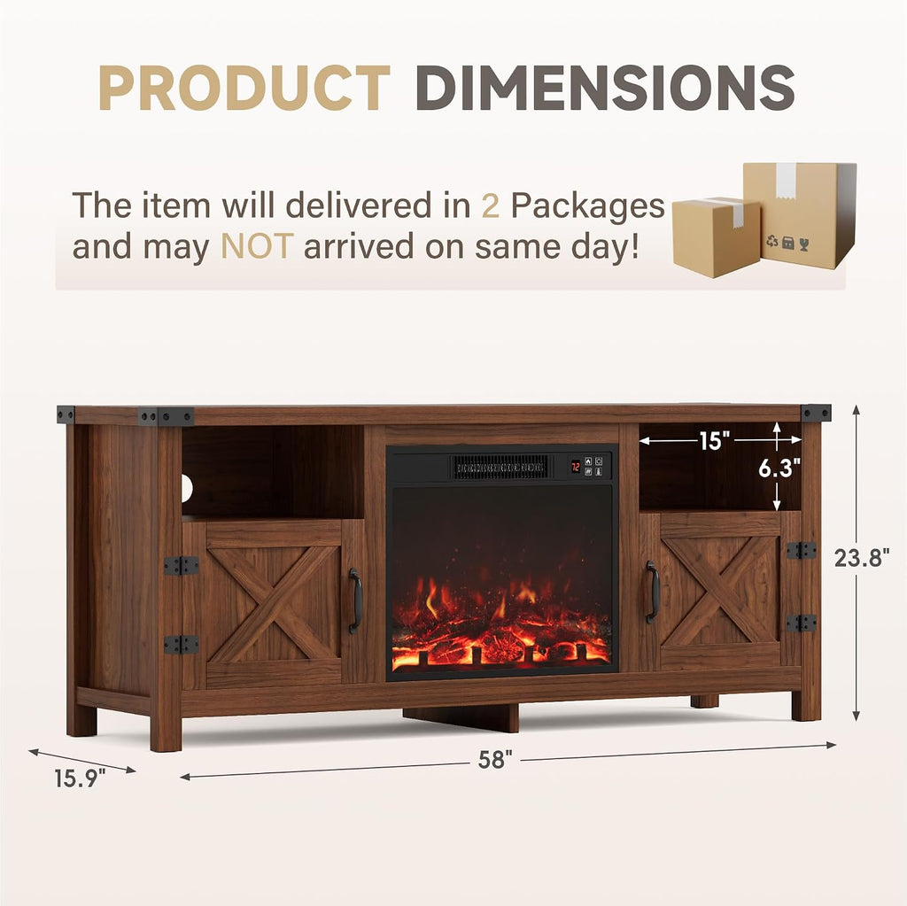 Furmax Entertainment Center with Fireplace, Fireplace TV Stand with Storage Cabinets and 2 Open Shelves, Modern Media TV Console for Living Room (Dark Brown)
