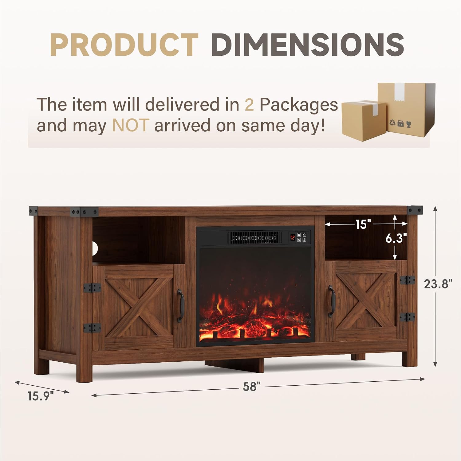 Furmax Entertainment Center with Fireplace, Fireplace TV Stand with Storage Cabinets and 2 Open Shelves, Modern Media TV Console for Living Room (Dark Brown)