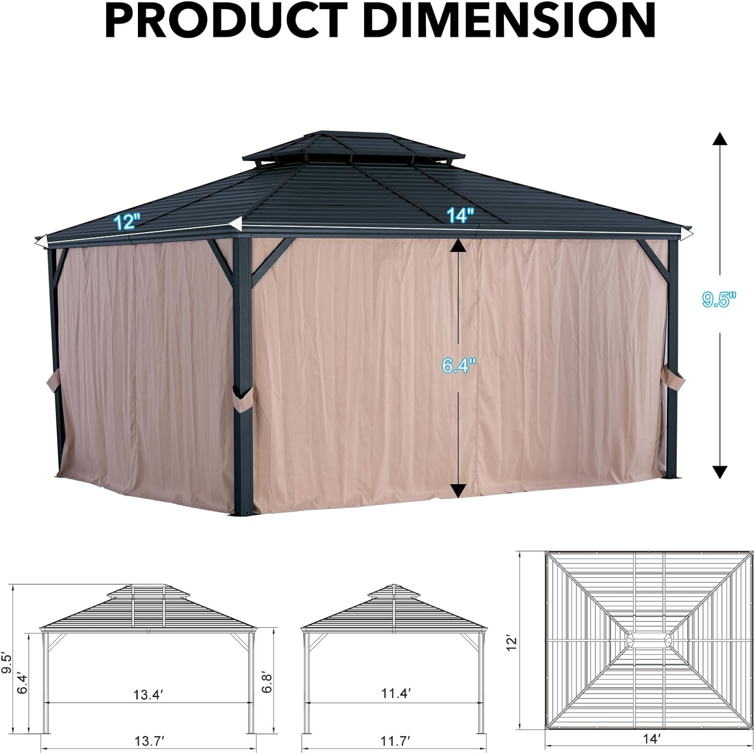LeDoasis Nova 12' X 14' Hardtop Gazebo with Curtains and Netting, Permanent Aluminum Metal Canopy with Galvanized Steel Double Roof, for Patio Lawn and Garden