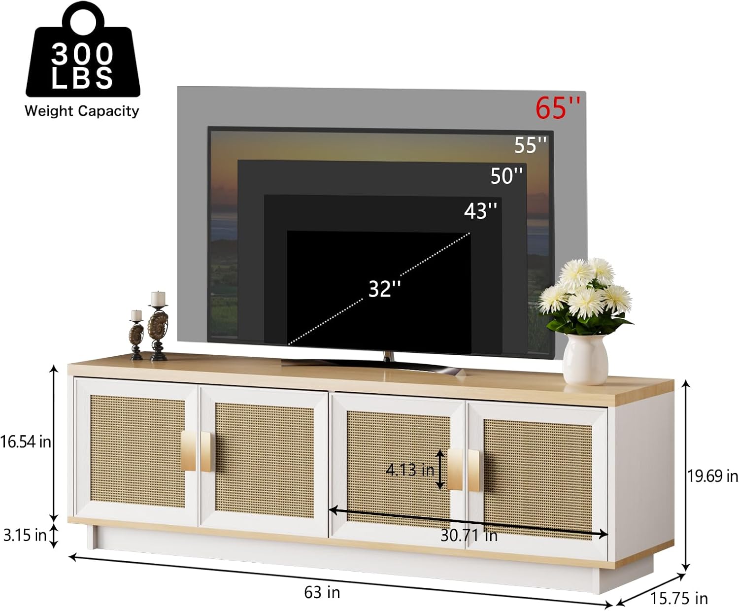 PROXRACER Rattan TV Stand for 65 Inch TV, Boho Media Console with 4 Woven Cane Doors, Modern Farmhouse Entertainment Center, Low Profile TV Cabinet with Storage for Living Room, White & Light Wood