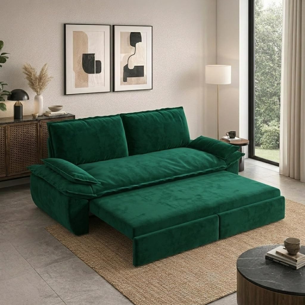 73.2' Sofa Bed Queen, 3-in-1 Pull Out Sofa Bed with Pillow Armrest, Modern Velvet Convertible Sleeper Futon Sofa for Living Room Small Space, Apartment, Bedroom, Green