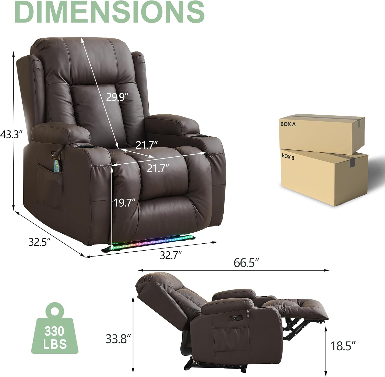 TUNYI Power Recliner Sofa with Massage & Heat Home Theater Seating with Console RV Recliner Sofa with USB/Storage/Side Pocket/LED Light/Speaker (Brown, 1PC)