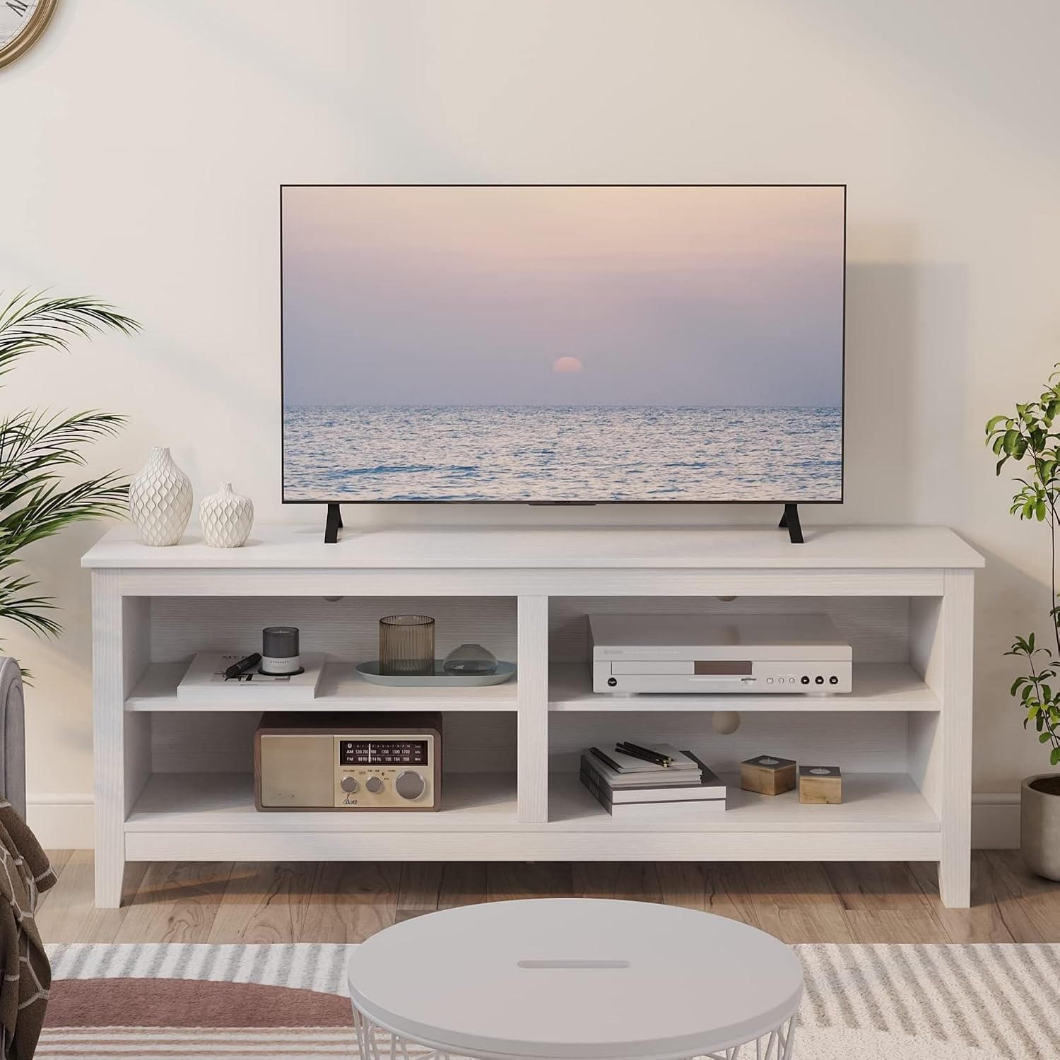 Gyger Modern TV Stand for 65 inch TV, White Wood TV Cabinet with 4 Open Storage Shelves, Fits 50-65 Inch TVs, 55 Inches W x 15 Inches D x 22.8 Inches H