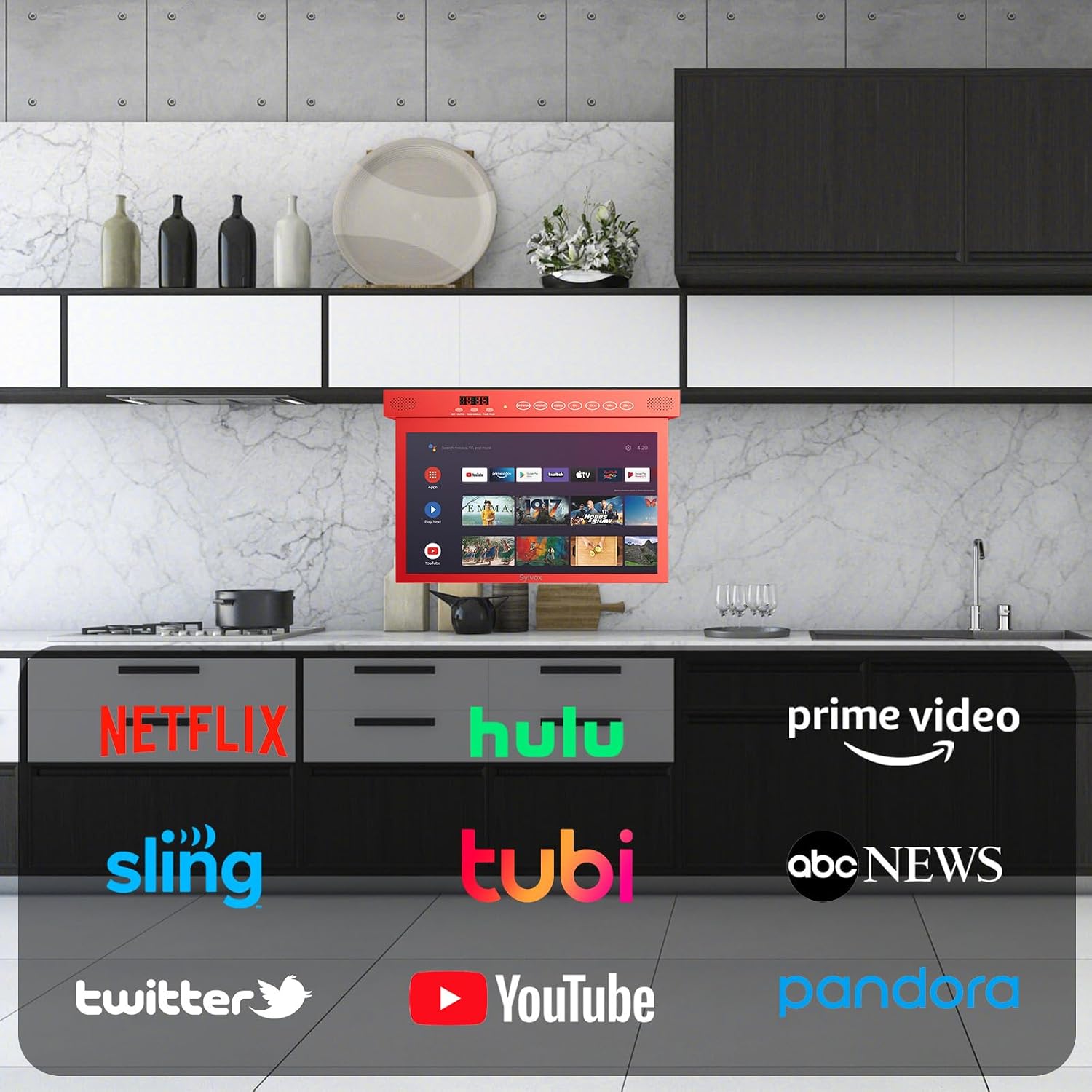 SYLVOX 15.6' Under Cabinet Smart TV – 360° Rotation, 90° Flip-Down Screen, Wireless Connectivity, Space-Saving Design for Kitchen, Bedroom, or RV. (Crimson)