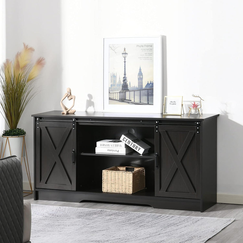 4 EVER WINNER 59' Farmhouse TV Stand, TV Entertainment Center with Sliding Barn Door & Adjustable Shelf for 65' TV, TV Stand for Living Room, Bedroom, Dark Brown