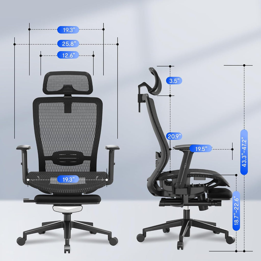 FLEXISPOT OC3 Air Ergonomic Office Chair with Footrest, High Back Computer Chair with Adjustable Lumbar Support/3D Headrest, Desk Chairs for Home Office Gaming Working, Black,Mesh Seat,Air-F