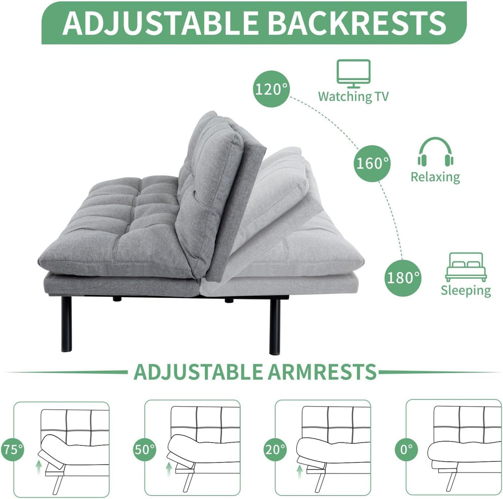 MUUEGM 71' Futon Sofa Bed, Convertible Couch Bed, Modern Loveseat with Adjustable Backrest&Armrest, Sofas for Living Room,Game Room,Dormitory,Office.Light Grey Fabric