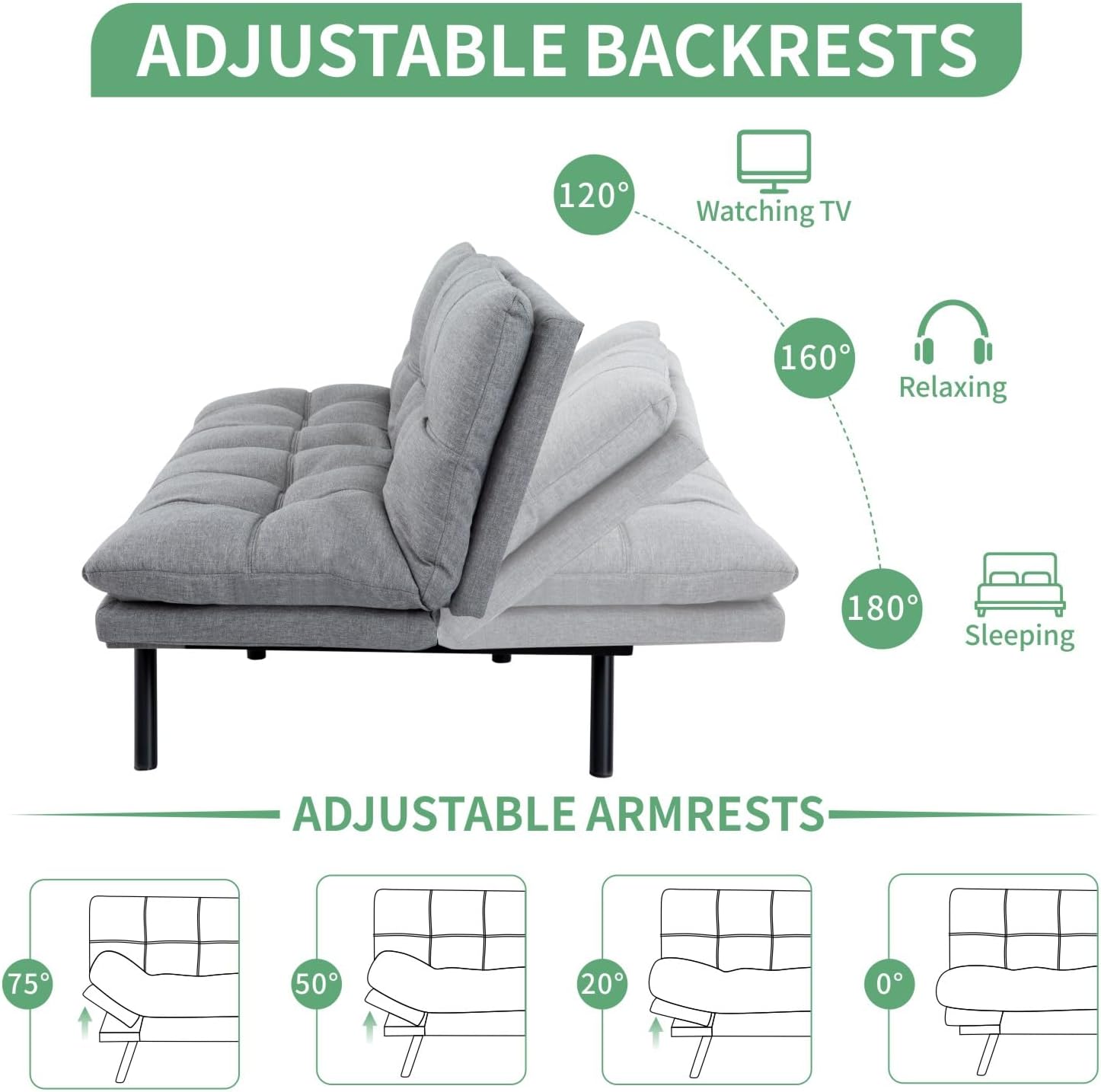 MUUEGM 71' Futon Sofa Bed, Convertible Couch Bed, Modern Loveseat with Adjustable Backrest&Armrest, Sofas for Living Room,Game Room,Dormitory,Office.Light Grey Fabric