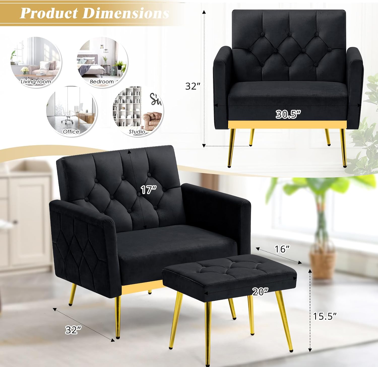 2 Pieces Velvet Sofa Set w/Adjustable Armrests and Backrests, Tufted Accent Chair w/Ottoman, Convertible Futon Sofa Bed for Bedroom, Living Room, Apartment, Black