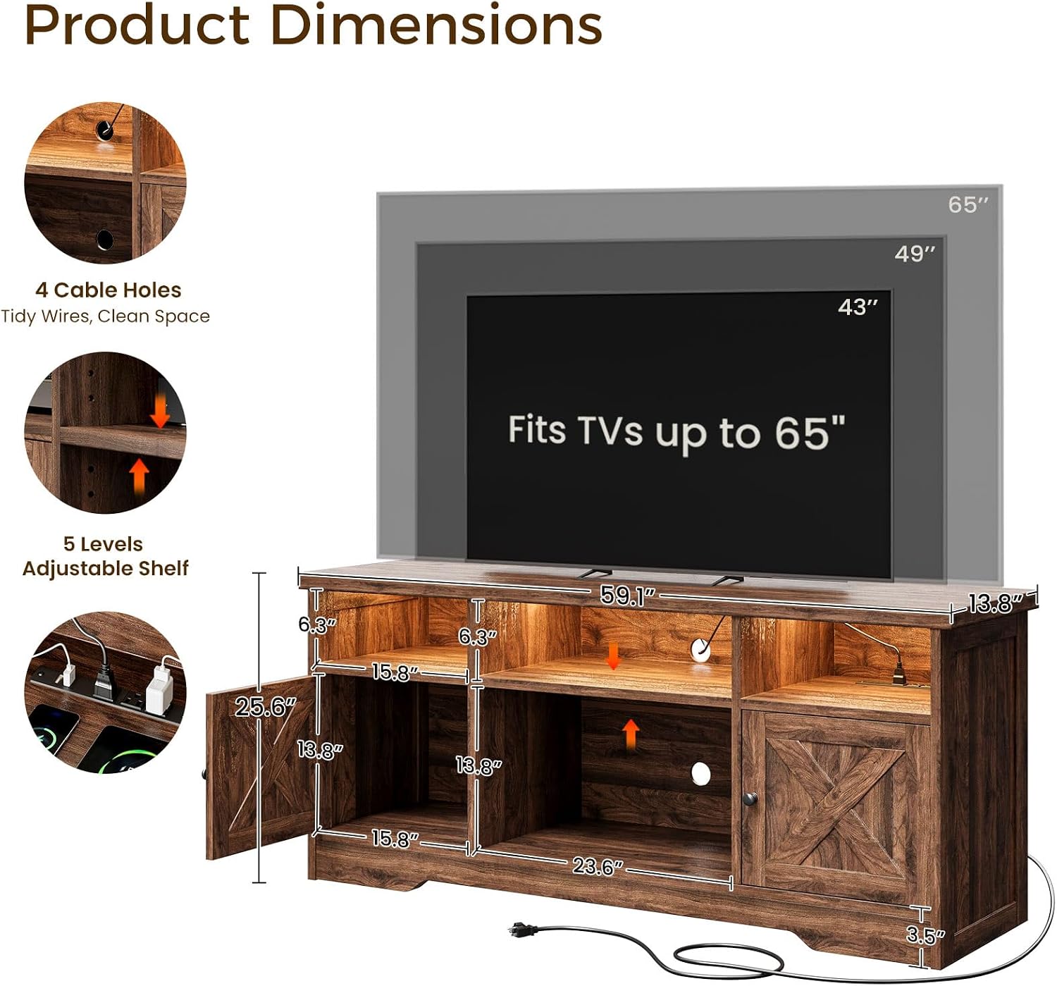 Casaottima TV Stand for 65 Inch TV, Farmhouse Entertainment Center with Power Outlet & LED Light and Storage Cabinets, Console Table and Media Furniture for Living Room Bedroom, Walnut