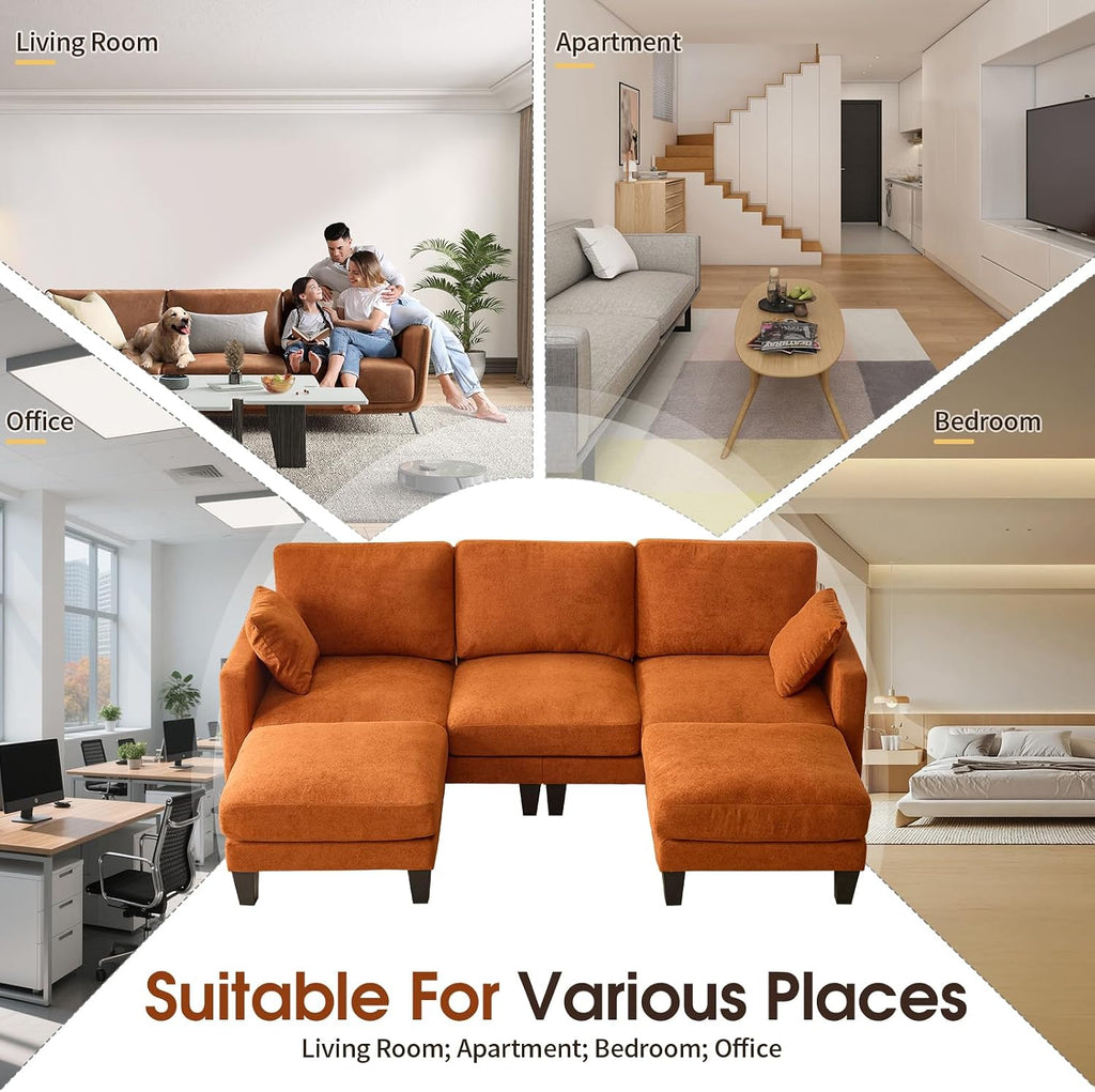 VINGLI 100' W U Shaped Couch with Ottoman, 22' Deep Seat Comfortable Sectional Couches for Living Room, 3 Seater Chenille Fabric Cloud Sofa for Apartment, Small Spaces, Bedroom, Orange
