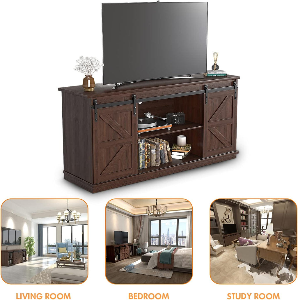 JUMMICO TV Stand for 65 Inch TV, Entertainment Center with Storage Cabinets and Sliding Barn Doors, Mid Century Modern Media TV Console Table for Living Room Bedroom (Brown)
