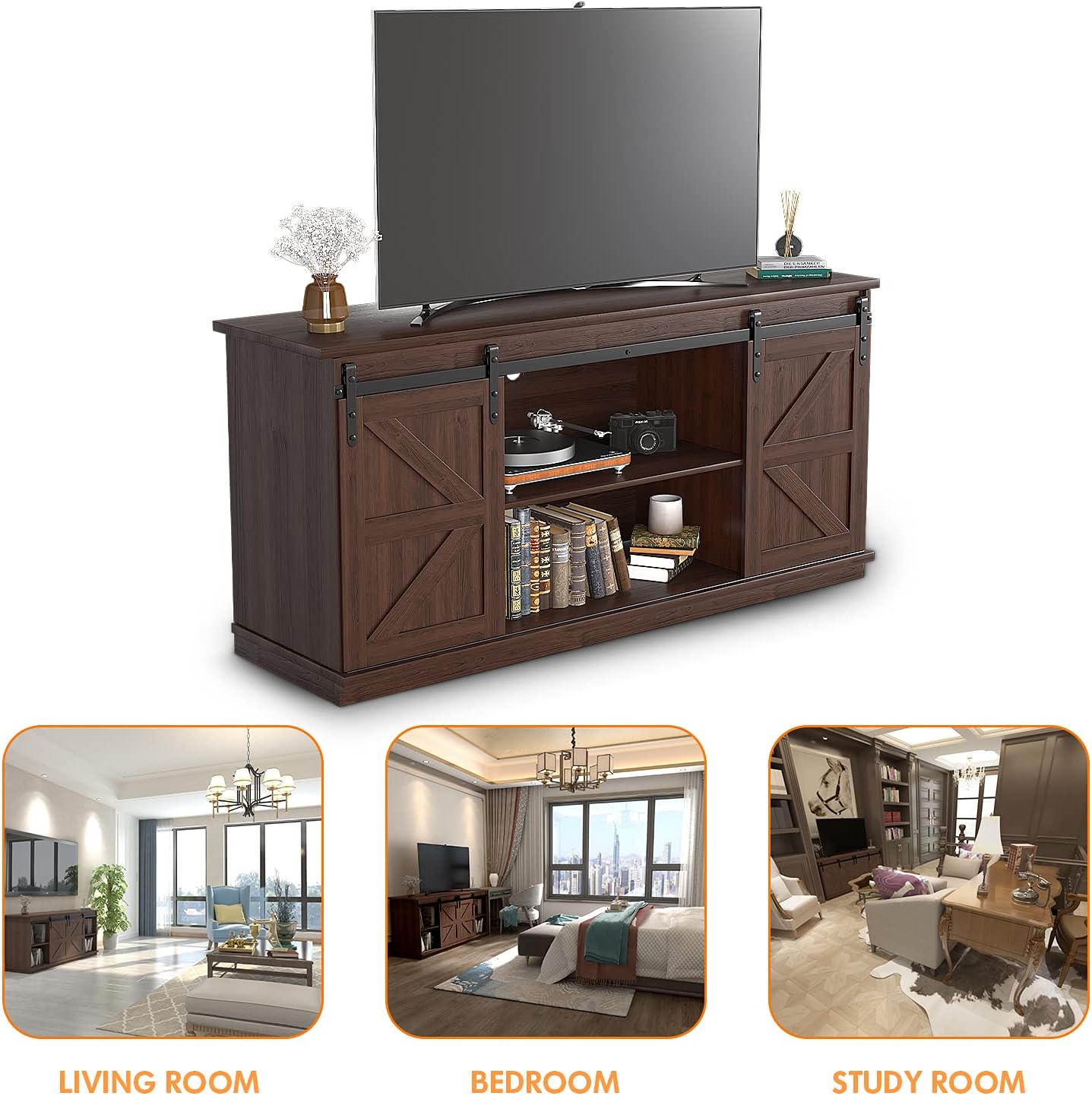 JUMMICO TV Stand for 65 Inch TV, Entertainment Center with Storage Cabinets and Sliding Barn Doors, Mid Century Modern Media TV Console Table for Living Room Bedroom (Brown)