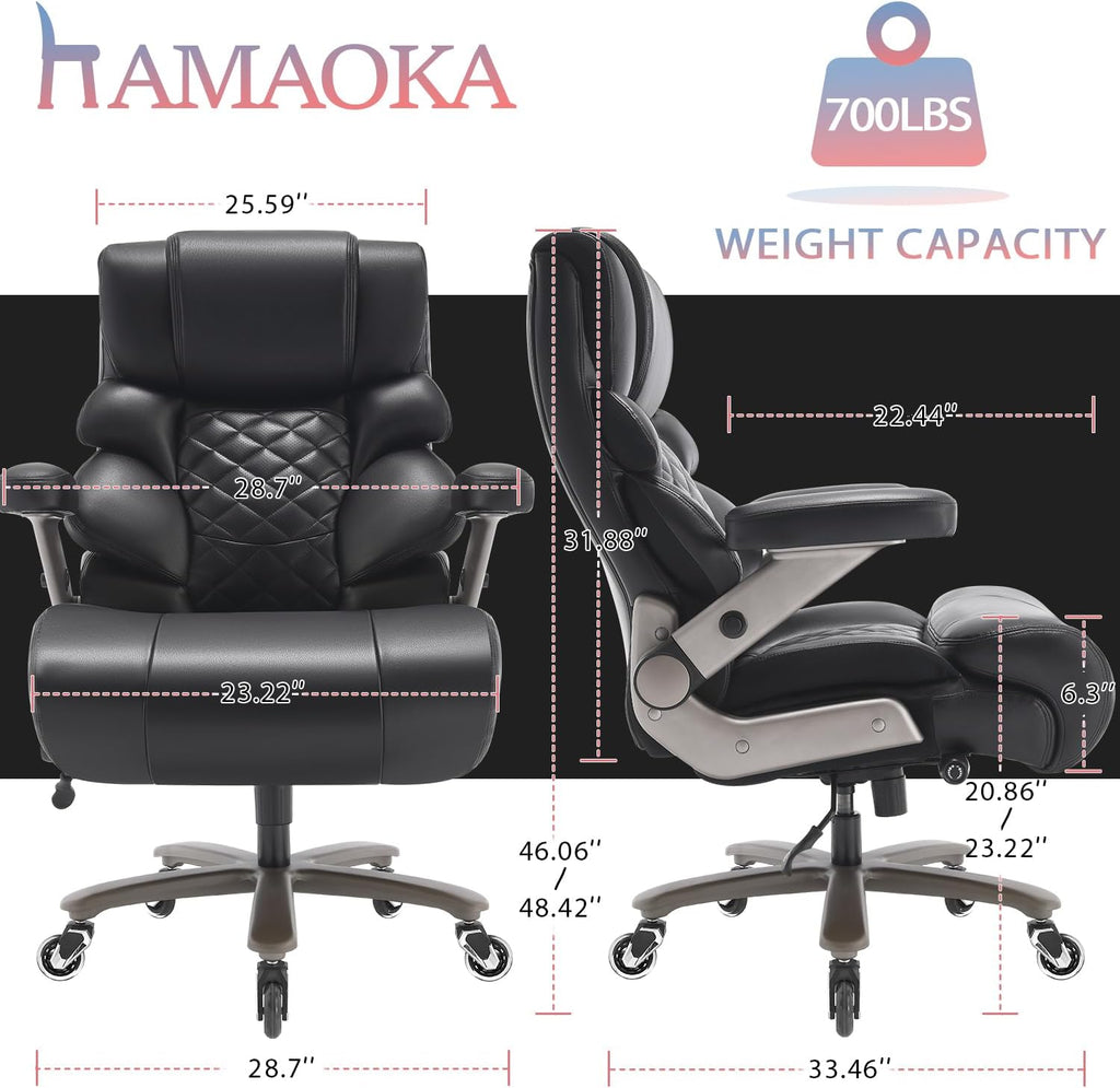 700lbs Big and Tall Office Chair - Adjustable Lumbar Support Heavy Duty Metal Base Quiet Rubber Wheels High Back Large Executive Computer Desk Swivel Chair, Ergonomic Design for Back Pain, Black