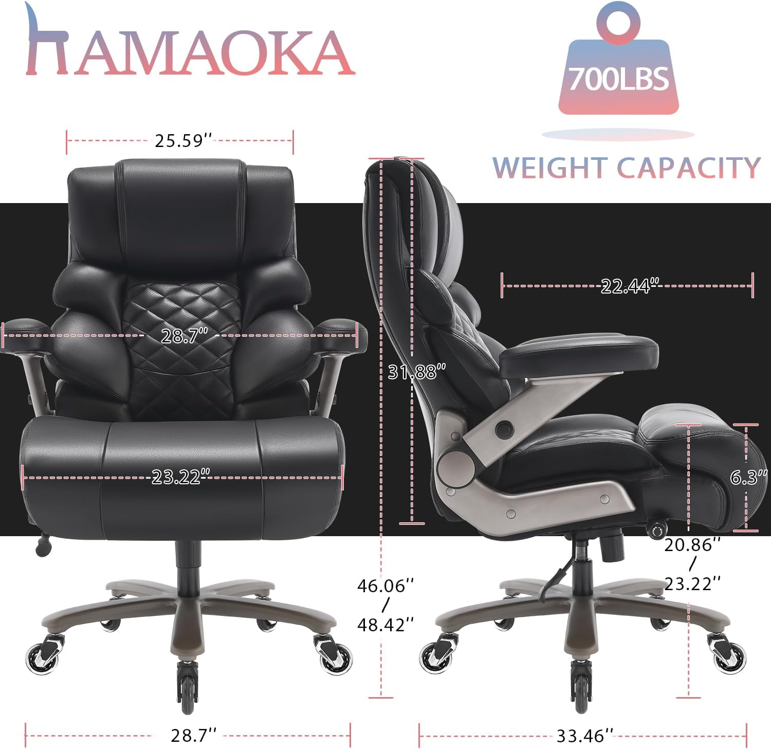 700lbs Big and Tall Office Chair - Adjustable Lumbar Support Heavy Duty Metal Base Quiet Rubber Wheels High Back Large Executive Computer Desk Swivel Chair, Ergonomic Design for Back Pain, Black