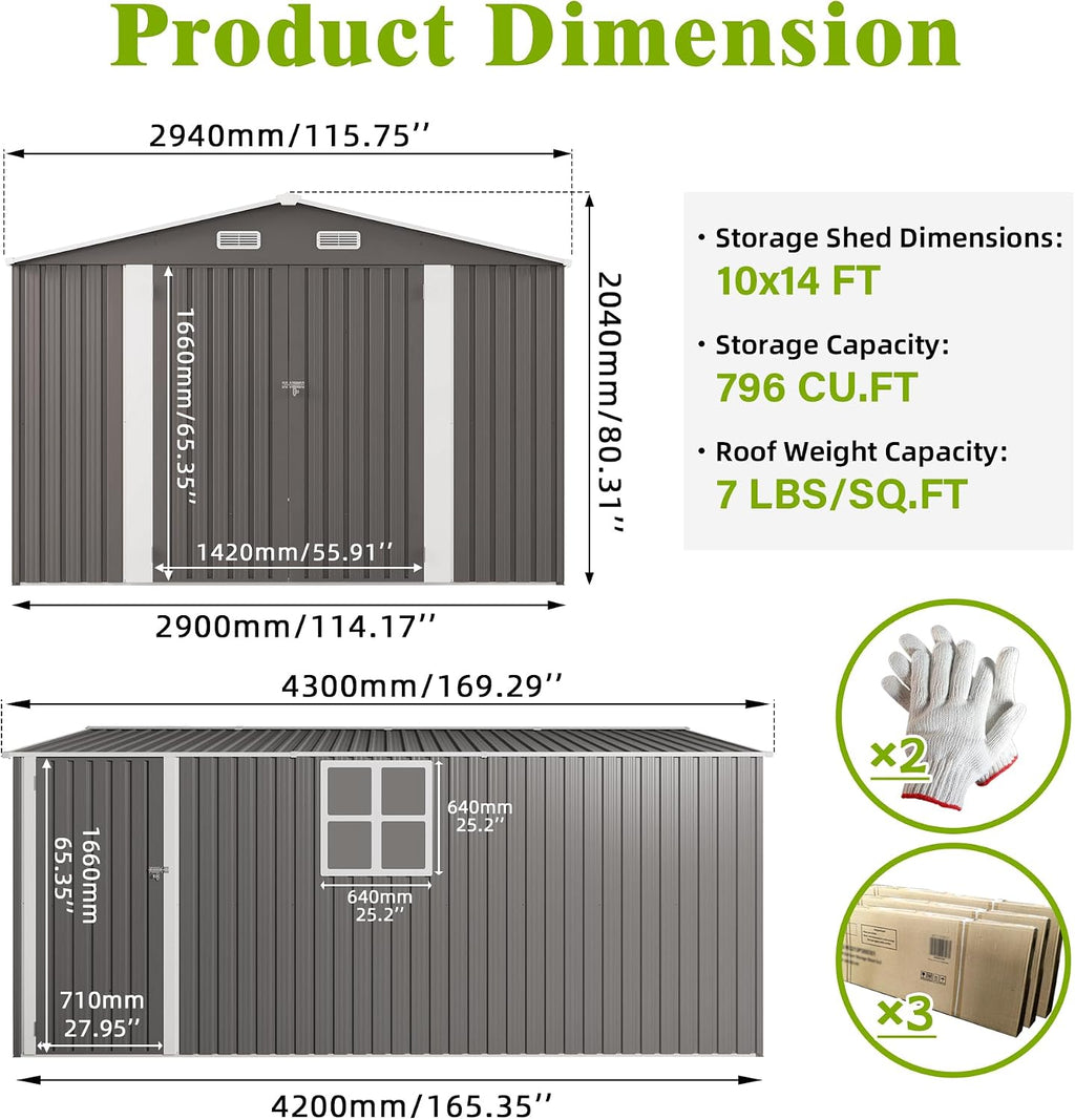 YOPTO 10x14 FT Outdoor Storage Shed,Metal Shed W/ 3 Lockable Doors & Window,Garden Tool House W/ 4 Air Vents & Sloped Roof,All Weather Waterproof for Backyard,Patio,Lawn,Grey