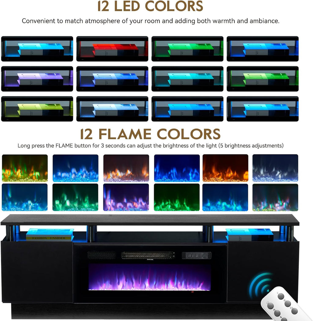 70' TV Stand for Living Room, Modern Entertainment Center & Media Console, Fits TVs up to 80', Storage Cabinet with Shelves, 36' Electric Fireplace with LED Flame (All Black)