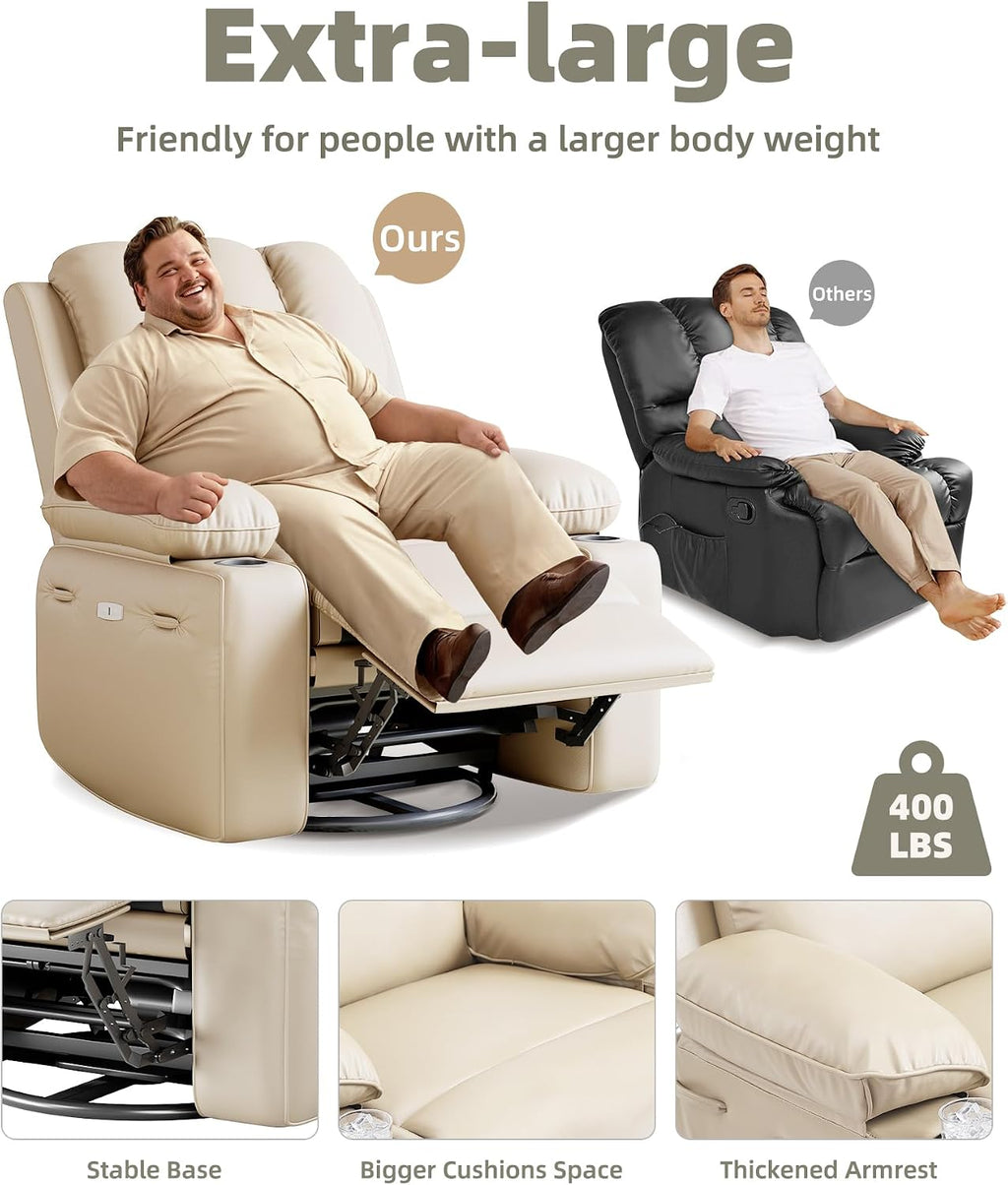 Oversized Electric Recliner Chair for Adults, Swivel Rocker Recliner with Massage and Heat, Pu Leather Single Sofa with Cup Holder and Side Pocket, for Living Room, Bedroom, Creamy