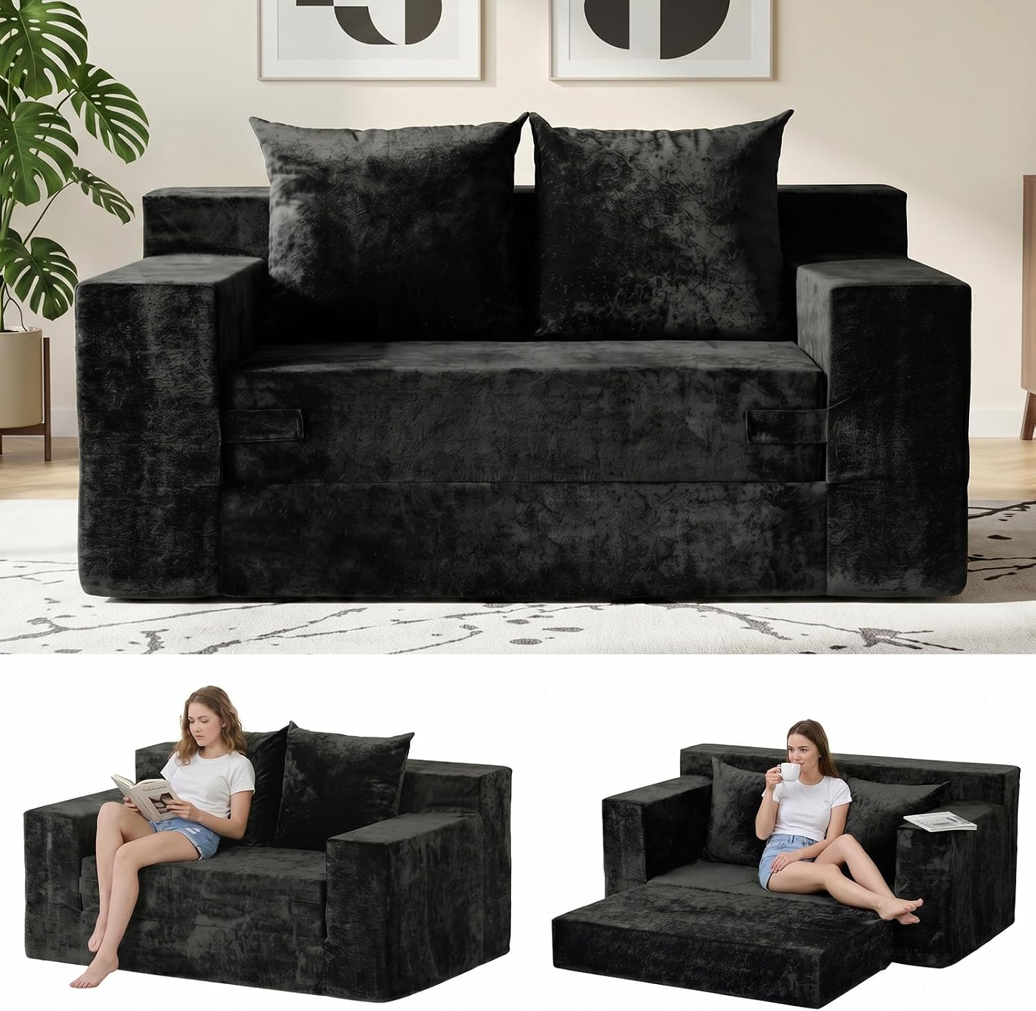 Boneless Couch Loveseat Sleeper, Convertible Sofa Bed Folding Couch Bed, Boneless Chair Bed & Futon Sofa Bed, Small Pull Out Couch Foldable with 4 Pillows for Living Room, Black