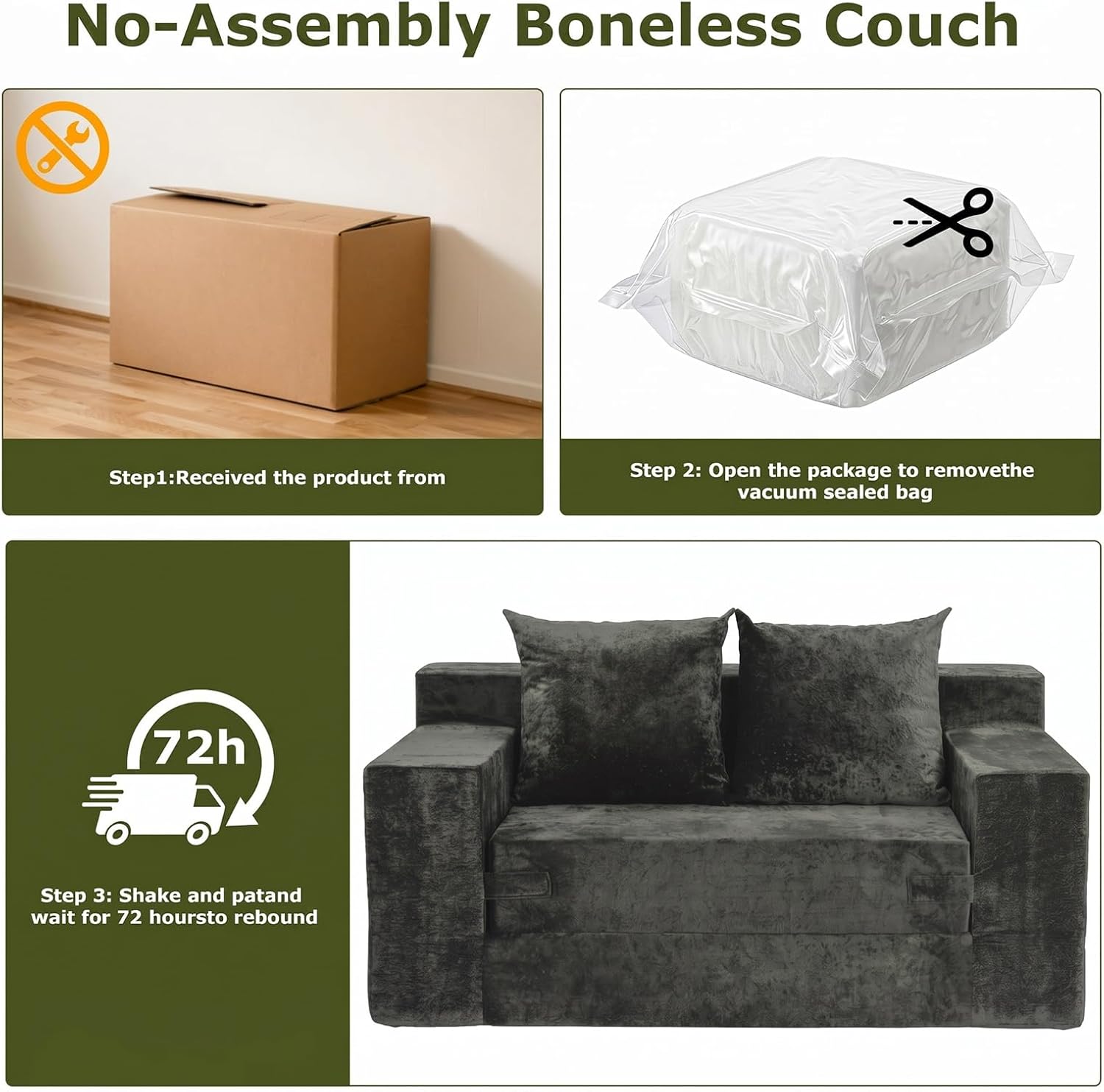 Boneless Couch Loveseat Sleeper, Convertible Sofa Bed Folding Couch Bed, Boneless Chair Bed & Futon Sofa Bed, Small Pull Out Couch Foldable with 4 Pillows for Living Room, Dark Grey
