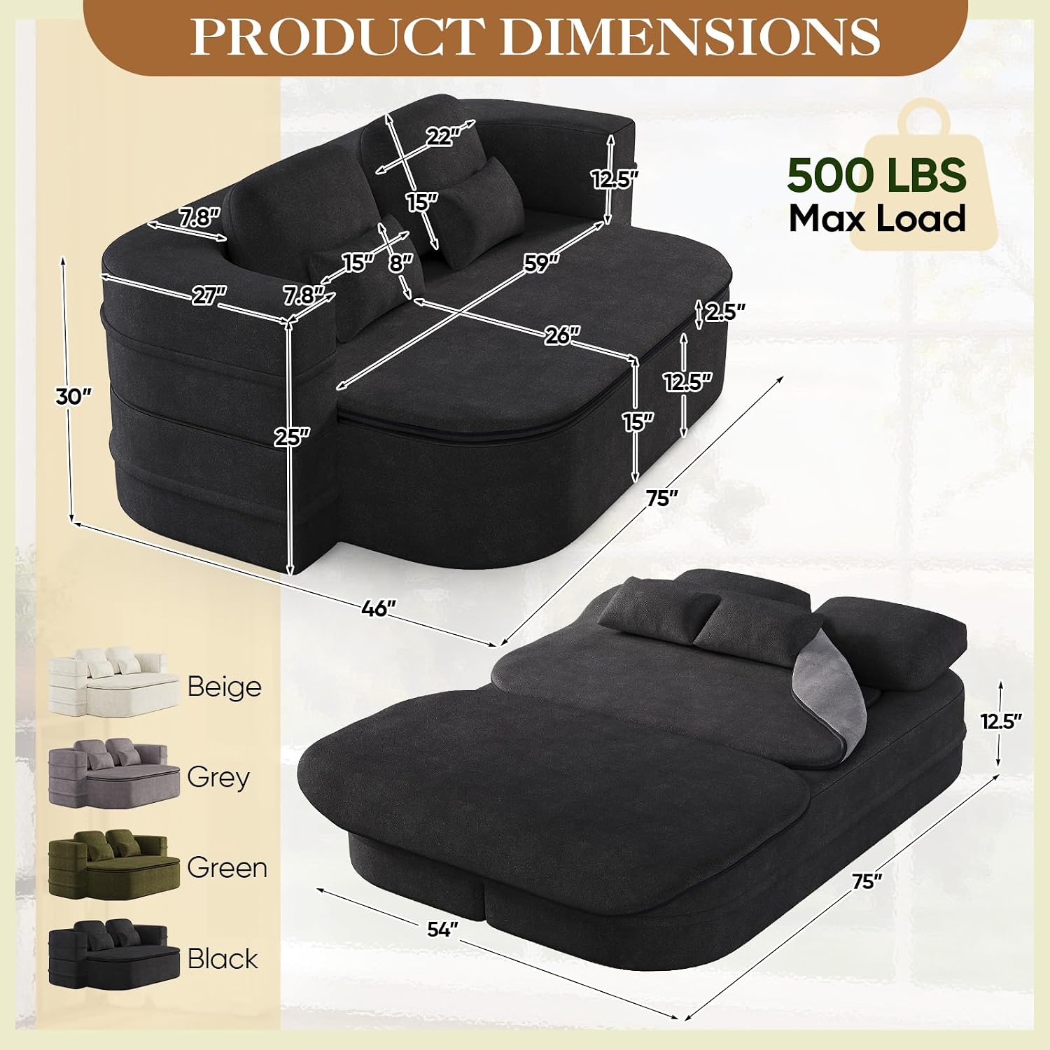 Antetek Convertible Sleeper Sofa, Modern Folding Futon Chenille Floor Foam Compression Loveseat Sofa Bed Couch, Foldable Full Size Guest Bed with 4 Pillows for Living Room Bedroom Apartment, Black
