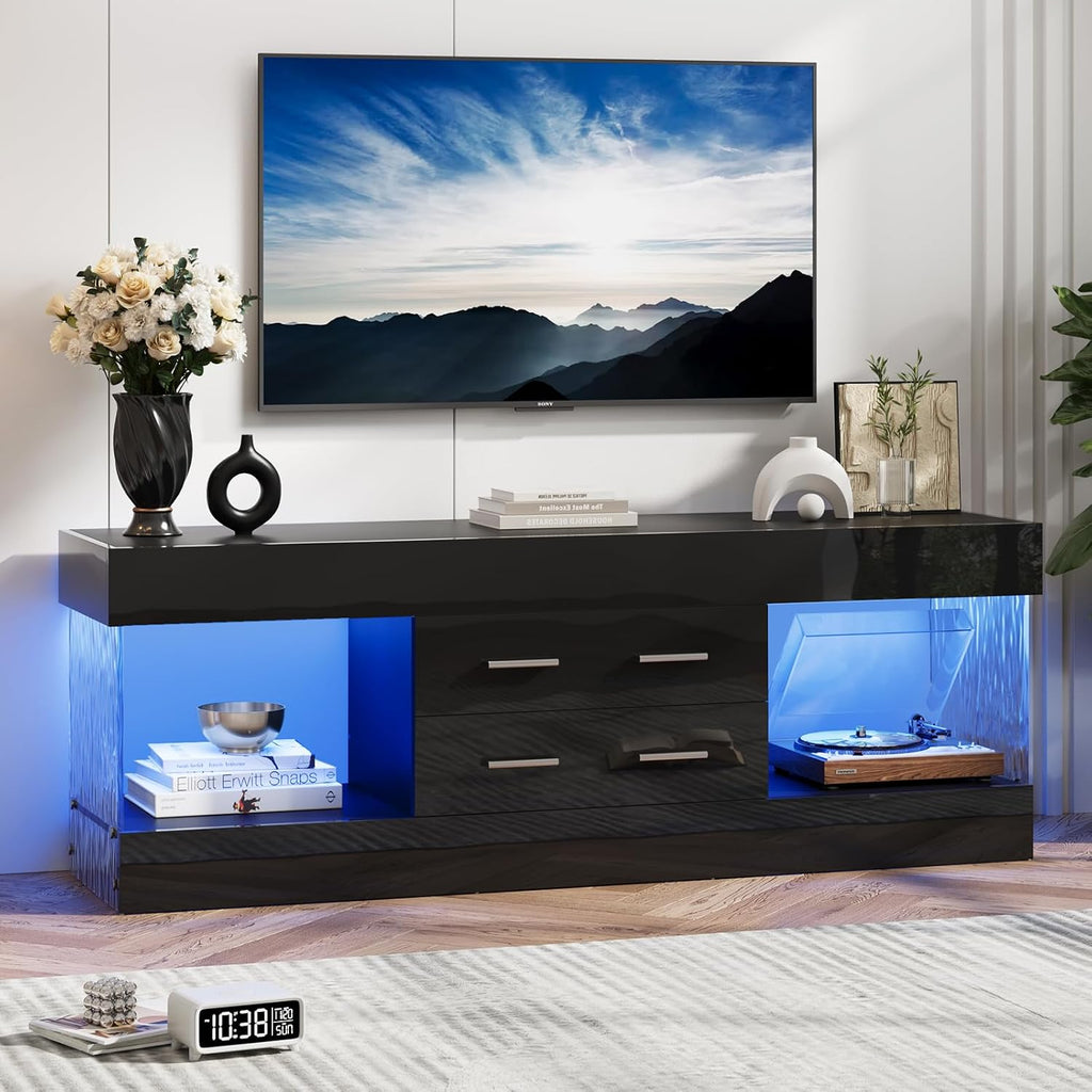 Bestier Modern 60 Inch TV Stand for 65/60/55+ TV, High Gloss Black Entertainment Center with 2 Drawers & LED Lights, Stone-Pattern Side Panels TV Consoles for Living Room, Bedroom