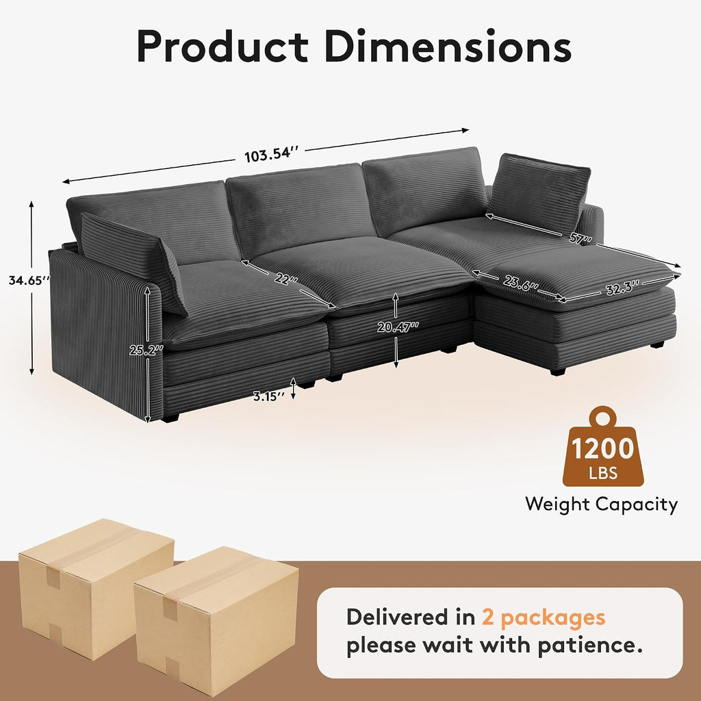 ROWHY 104'' Modular Sectional Cloud Couch with Movable Ottoman, 4 Seat Modern Corduroy Sofa, Deep Seat L Shaped Couch for Living Room Bedroom Apartment, Dark Grey