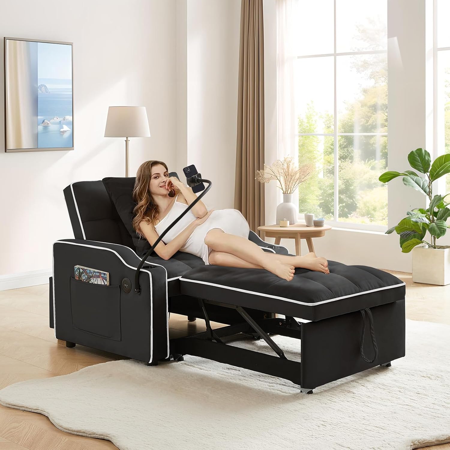 Convertible Sleeper Sofa Chair Bed, 3 in 1 Velvet Single Small Futon Sofa Bed with Phone Holder & USB Ports,Pull Out Couch Recliner with Adjustable Backrest for Living Room, Office, Small Place(Black)