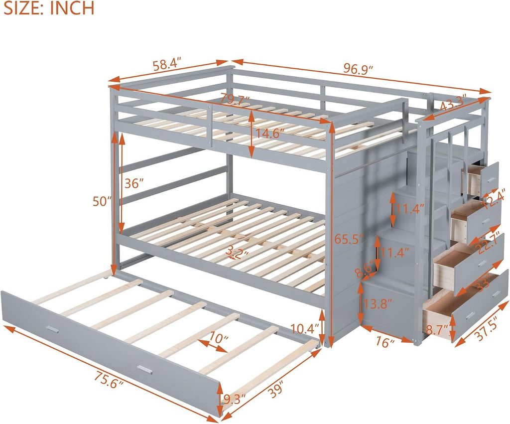 Harper & Bright Designs Full Over Full Bunk Bed with Twin Size Trundle and Stairs, Kids Bunk Beds with Storage Drawers, Wood Full Bunk Beds with Trundle and Guardrail for Kids Teens Adults, Gray