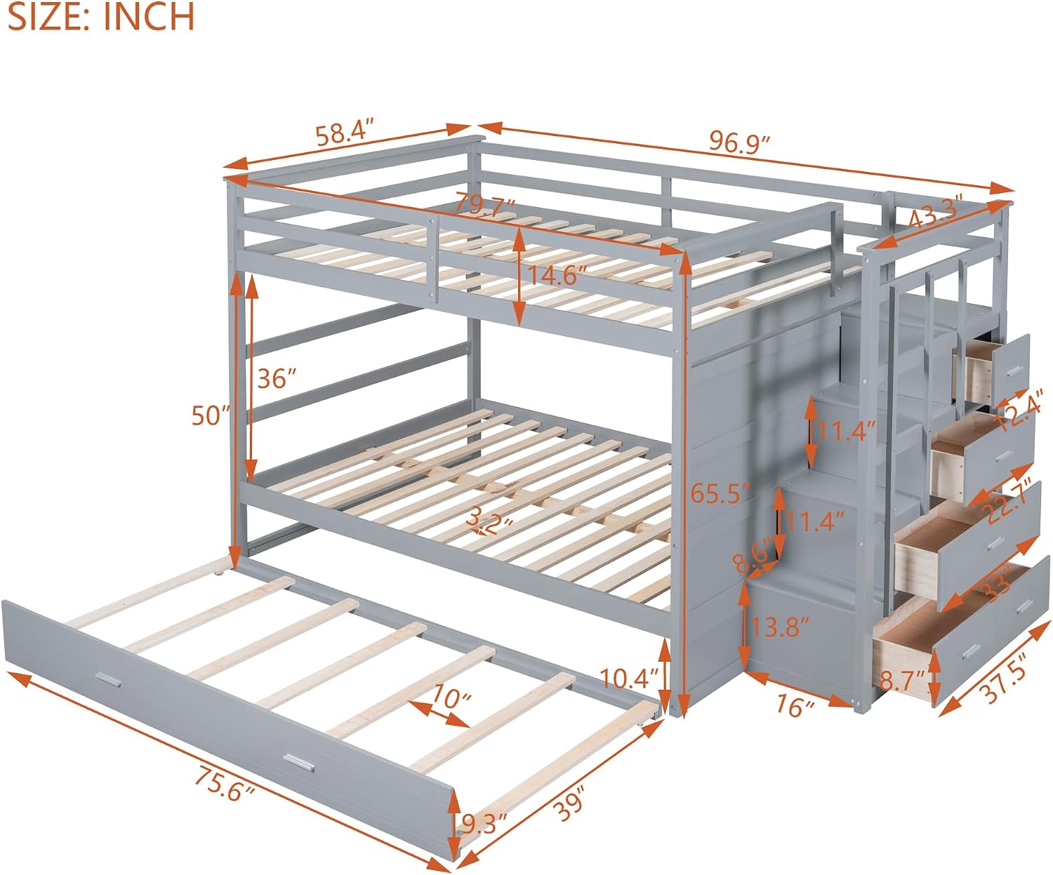 Harper & Bright Designs Full Over Full Bunk Bed with Twin Size Trundle and Stairs, Kids Bunk Beds with Storage Drawers, Wood Full Bunk Beds with Trundle and Guardrail for Kids Teens Adults, Gray