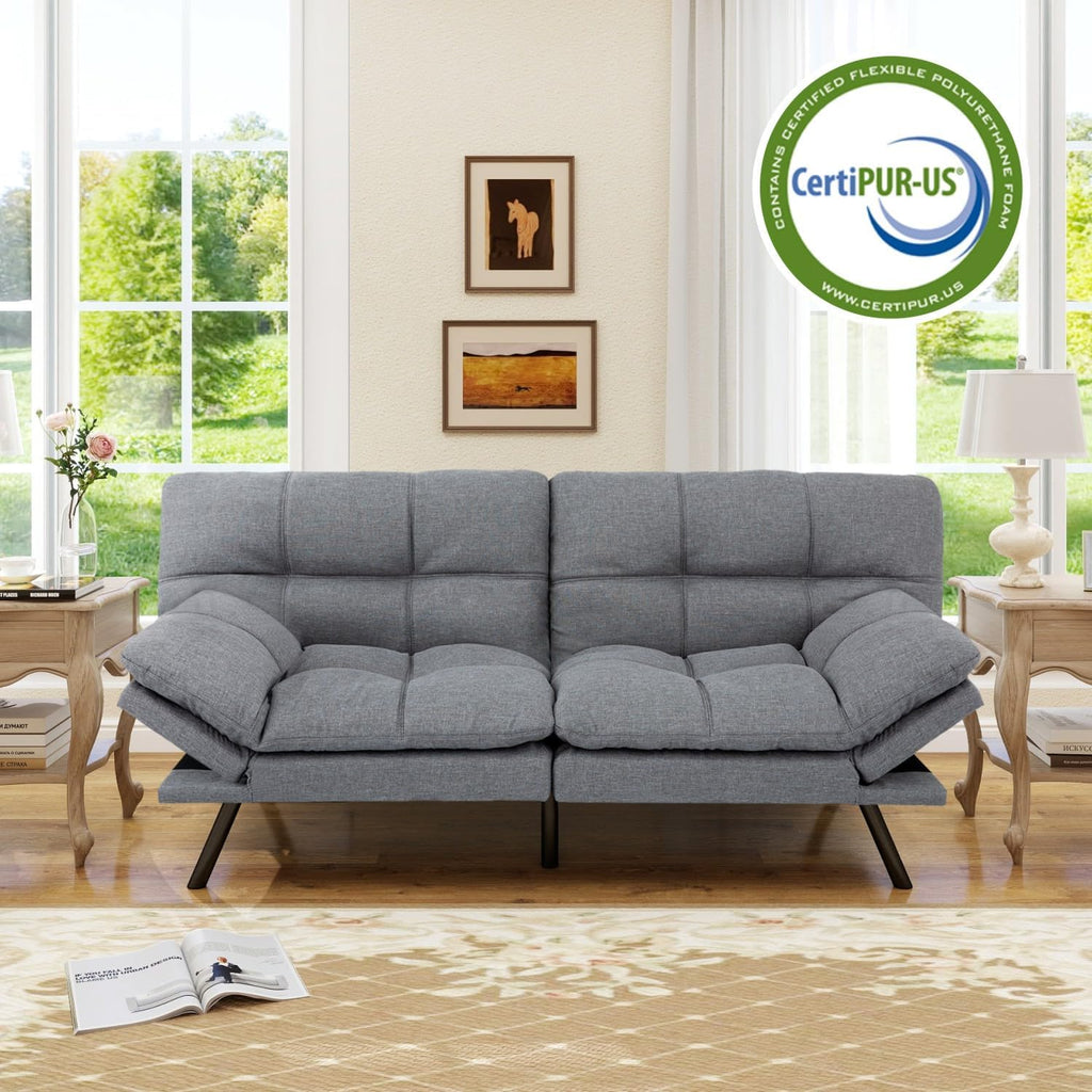 MUUEGM 71' Convertible Futon Sofa Bed, Upholstered Small Futon Couches with Adjustable Backrest, Loveseat Sleeper Bed for Compact Living Room Studio Office (Silver Grey)
