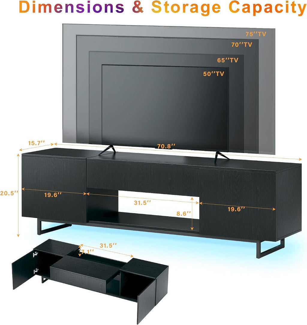 TV Stand for 75 inch TV, Entertainment Center with LED Light, Modern Wood TV Console with Texture Entertainment Stand with Highlight Storage Cabinet for TVs Up to 70-80' Black
