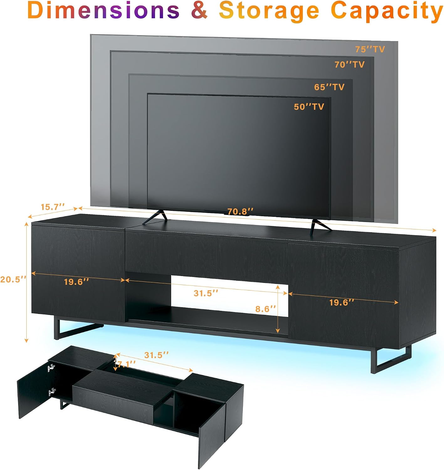 TV Stand for 75 inch TV, Entertainment Center with LED Light, Modern Wood TV Console with Texture Entertainment Stand with Highlight Storage Cabinet for TVs Up to 70-80' Black