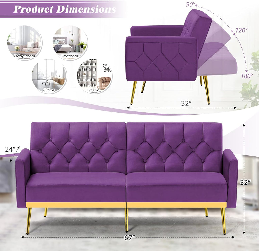 Velvet Sofa Bed w/Adjustable Armrests and Backrests, Modern Convertible Sleeper Sofa, Tufted Futon Sofa for Bedroom, Living Room, Apartment, Purple